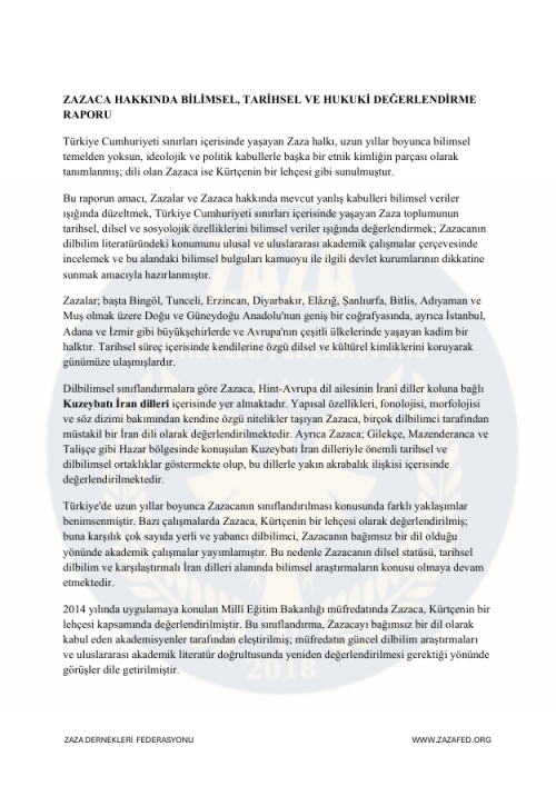 ZAZA DİLİNE İLİŞKİN BİLİMSEL VE AKADEMİK DEĞERLENDİRME RAPORU
