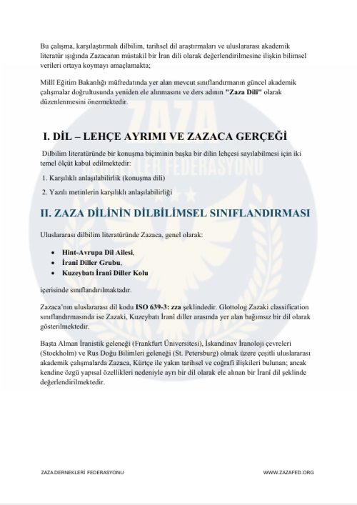 ZAZA DİLİNE İLİŞKİN BİLİMSEL VE AKADEMİK DEĞERLENDİRME RAPORU