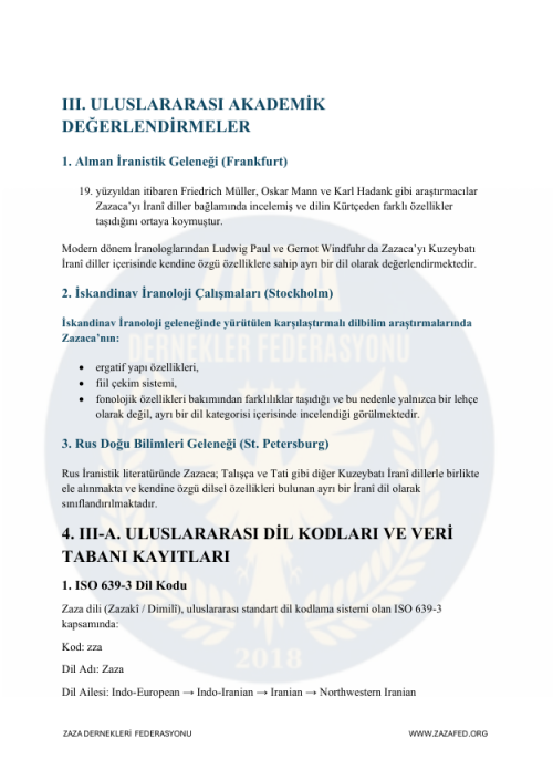 ZAZA DİLİNE İLİŞKİN BİLİMSEL VE AKADEMİK DEĞERLENDİRME RAPORU